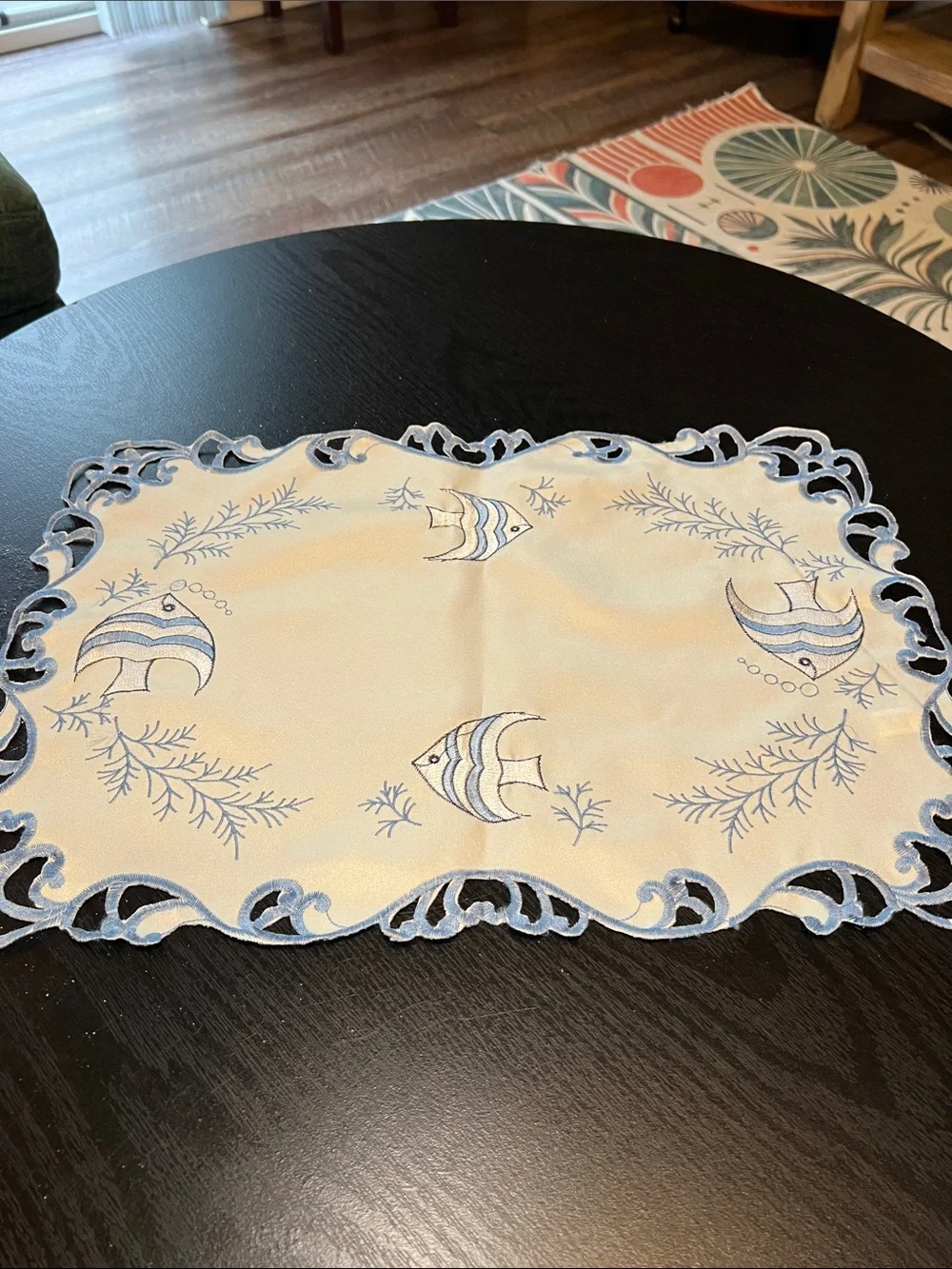 Set of 4 Vintage Blue and White Embroidered Nautical Beach House Fish Placemats